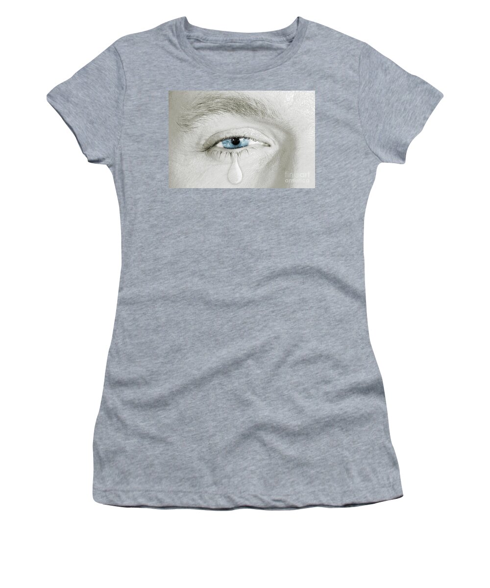 Black And White Women's T-Shirt featuring the pyrography Crying blue right eye by Benny Marty
