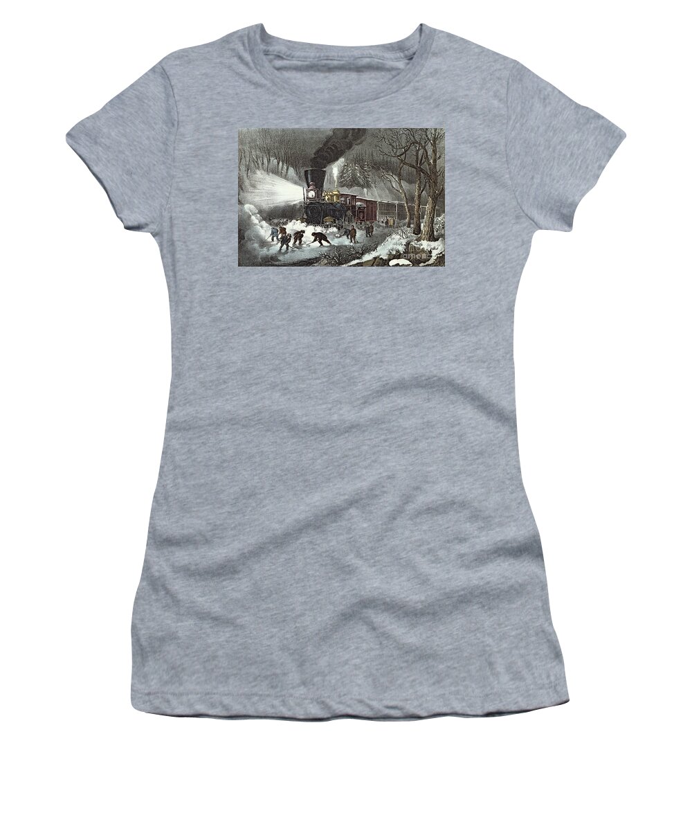 American Women's T-Shirt featuring the painting Currier and Ives by American Railroad Scene