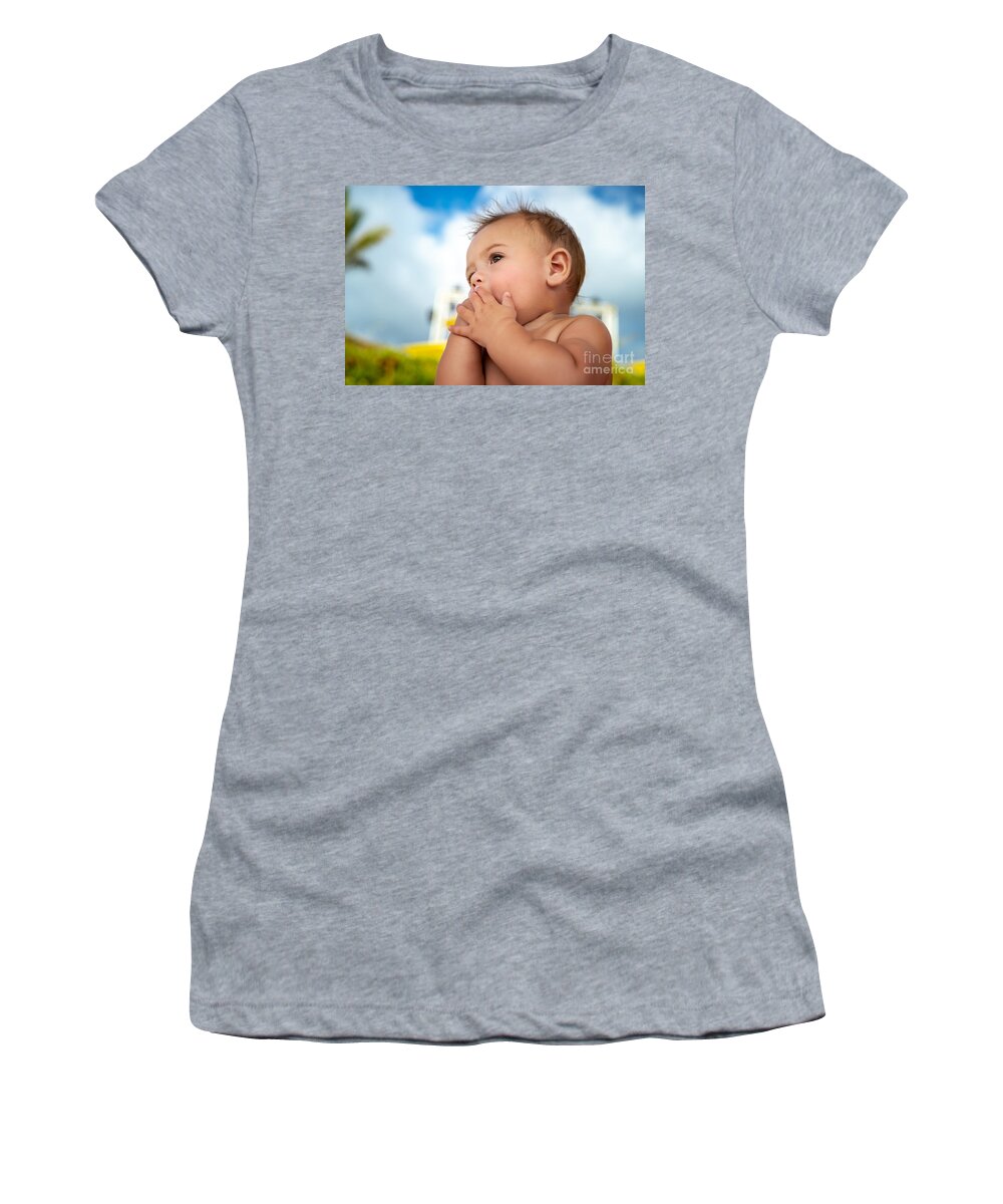 Adorable Women's T-Shirt featuring the photograph Cute little baby outdoors by Anna Om
