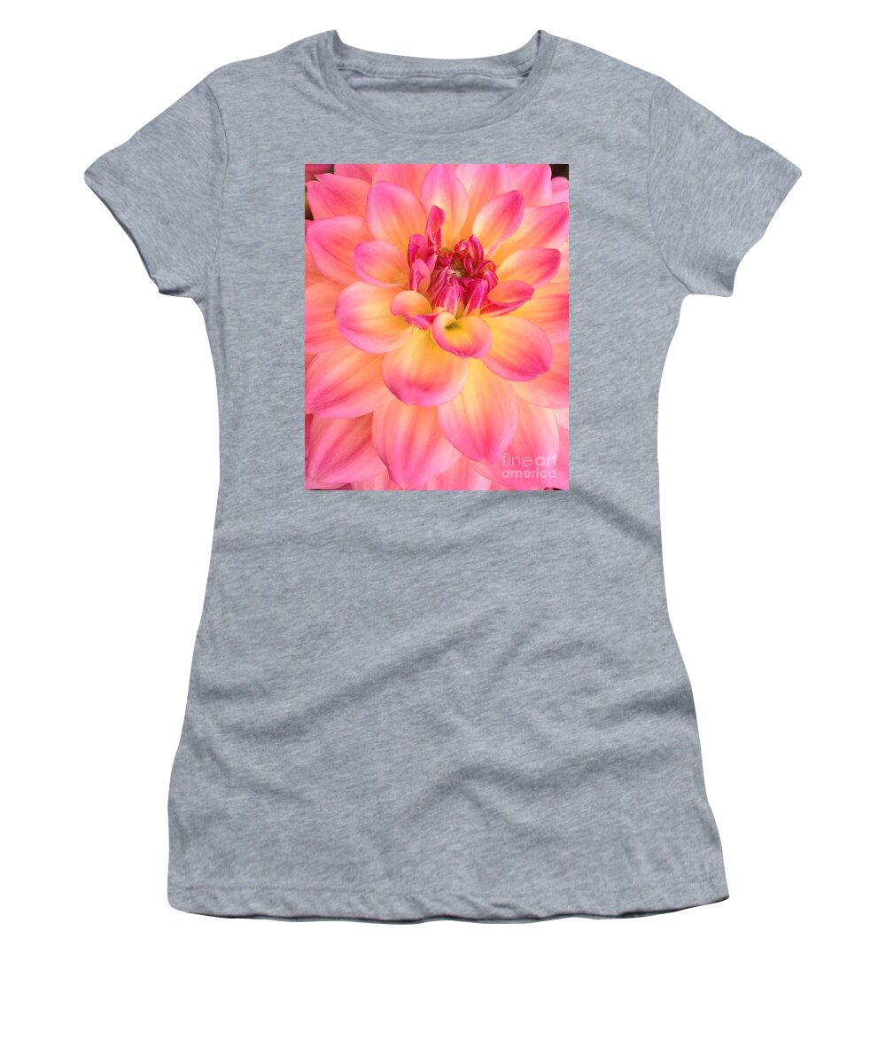 Dahlia Women's T-Shirt featuring the photograph Dahlia Petals in Pink and Yellow by By Divine Light