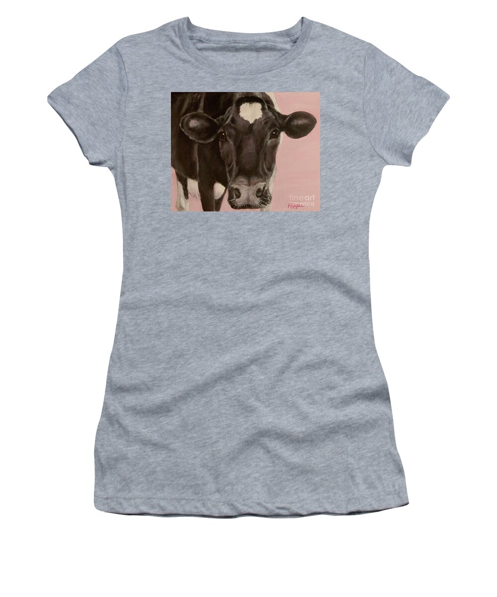 Cow Women's T-Shirt featuring the painting Dairy Cow Princess in Pink by Amy Reges
