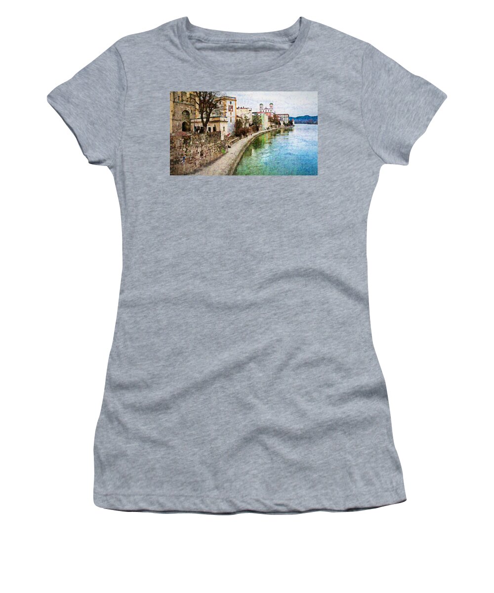 Danube River Women's T-Shirt featuring the mixed media Danube River at Passau, Germany by Tatiana Travelways