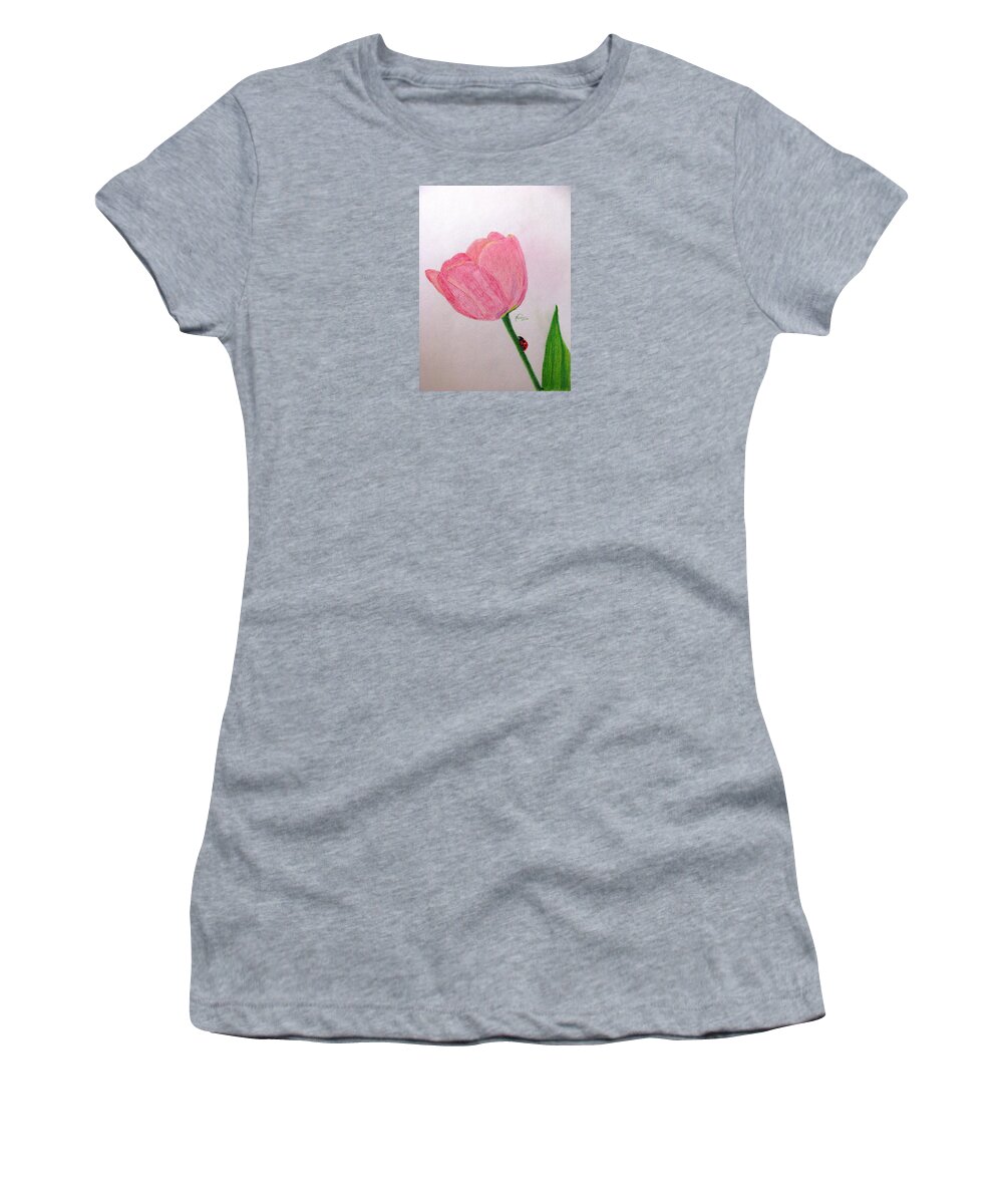 Pink Tulip Paintings Women's T-Shirt featuring the drawing Dawn In The Garden by Angela Davies