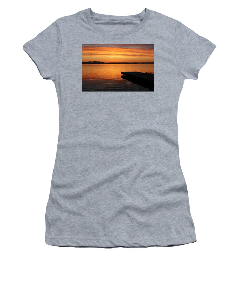 Dawn Women's T-Shirt featuring the photograph Dawn on the water at Dusavik by Charles and Melisa Morrison