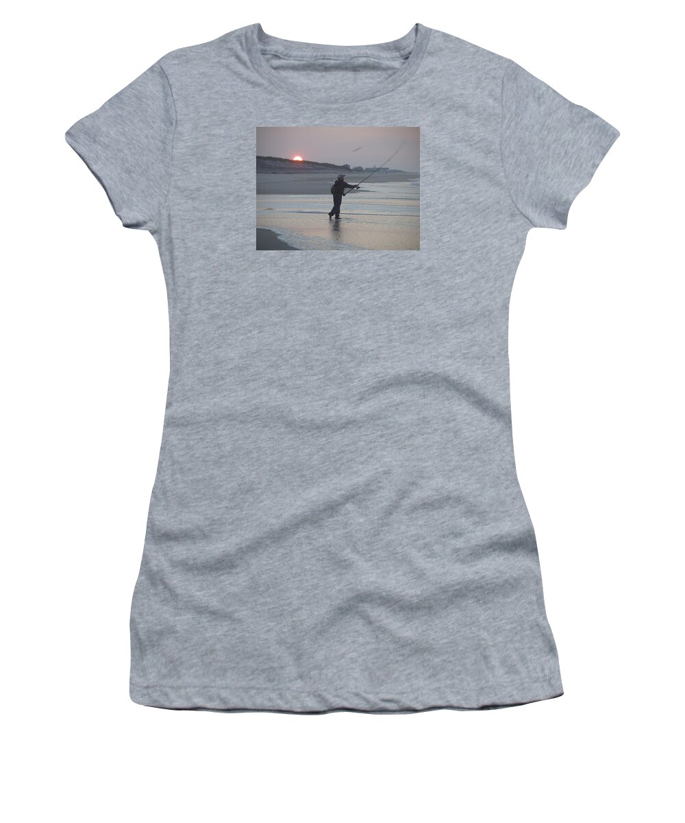 Surf Caster Women's T-Shirt featuring the photograph Dawn Patrol by Newwwman