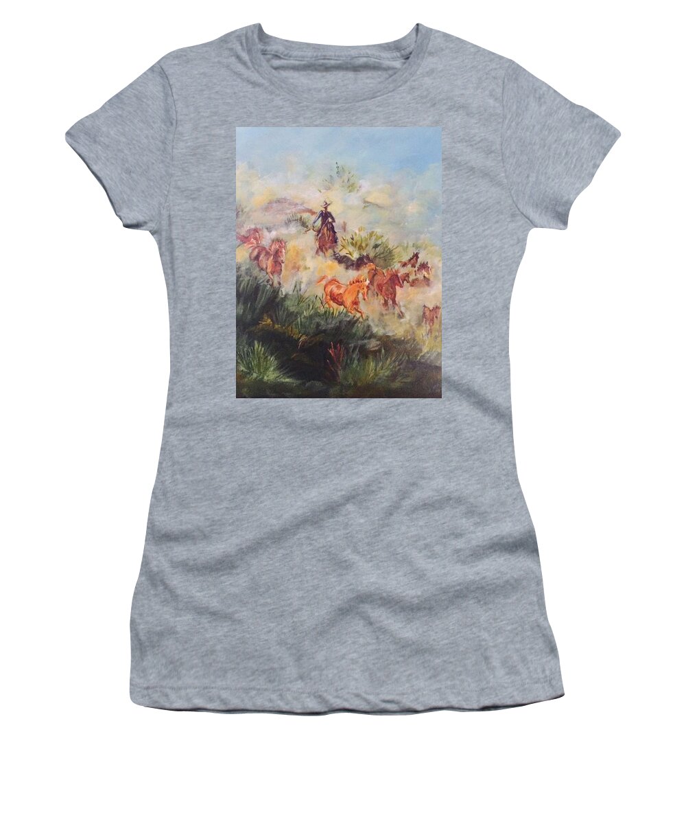 Cowboy Rounding Up The Remuda At Dawn; Horses Women's T-Shirt featuring the painting Dawn Roundup by Charme Curtin