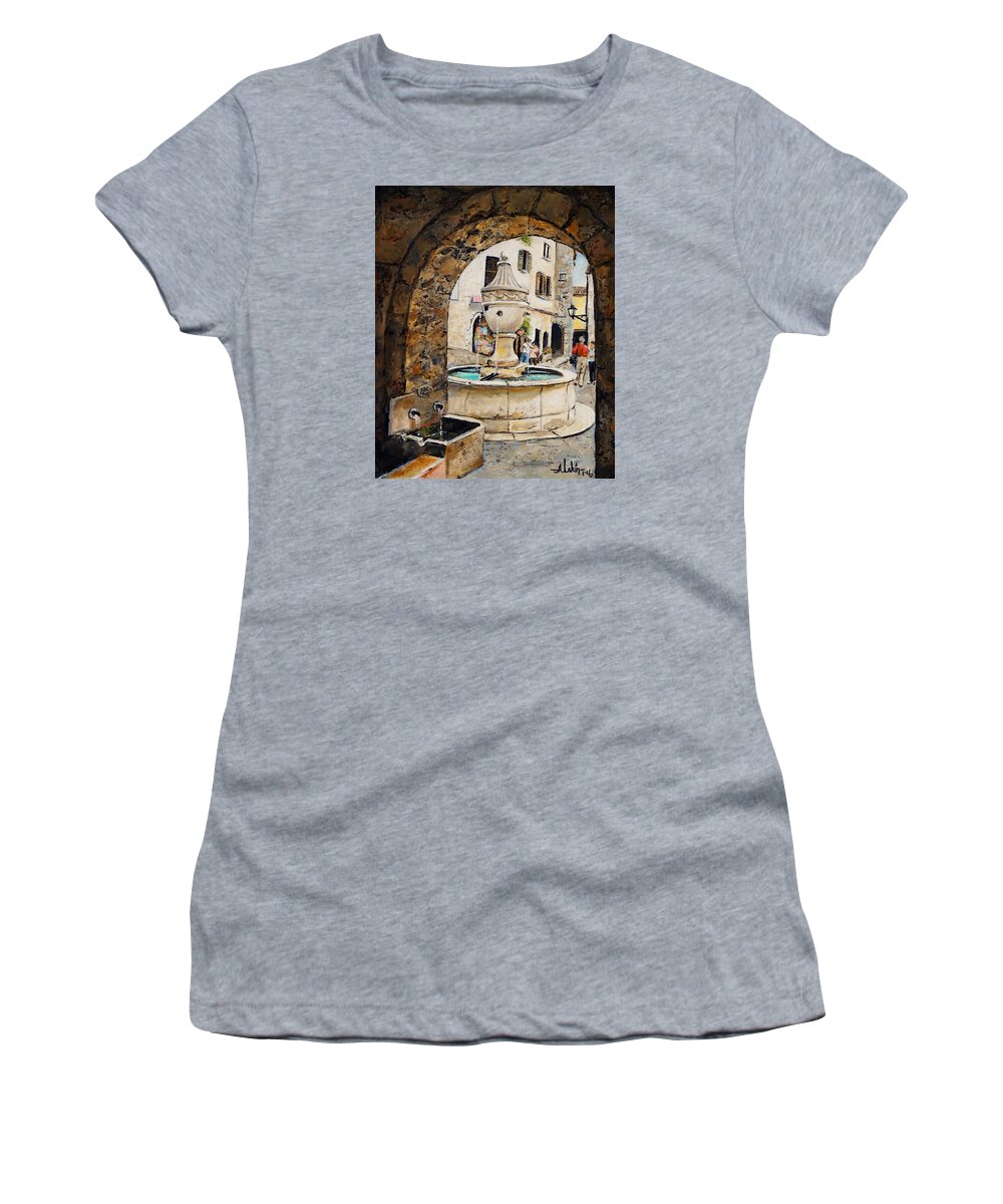 St Paul De Vence Women's T-Shirt featuring the painting de la Grande Fountaine by Alan Lakin