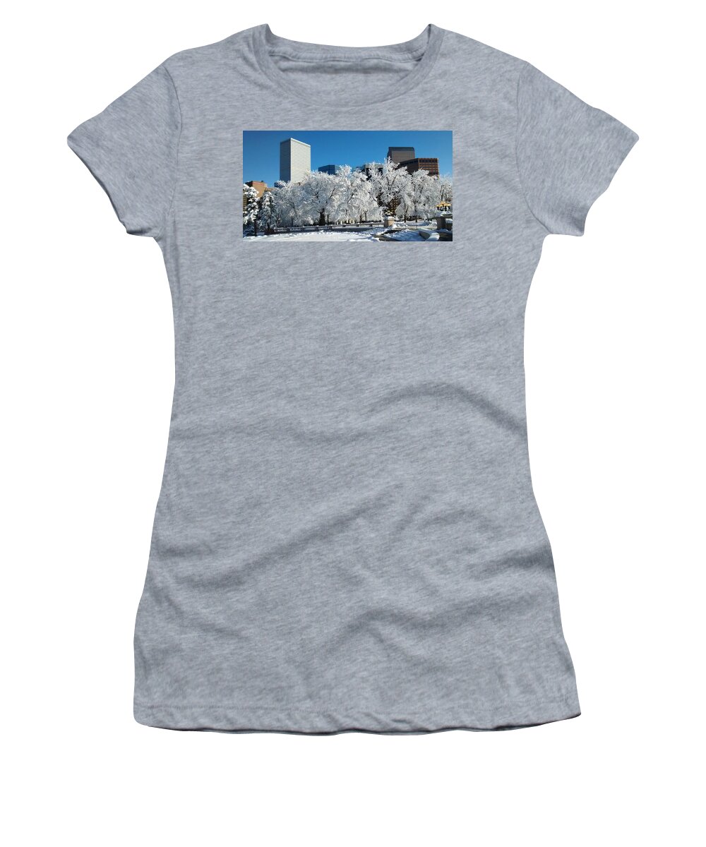 Denver Women's T-Shirt featuring the photograph Denver Skyline after blizzard by Marilyn Hunt