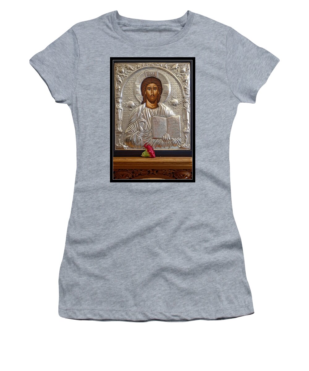 Depiction Of Christ Women's T-Shirt featuring the photograph Depiction of Christ -- Saint Barbara Greek Orthodox Church in Santa Barbara, California by Darin Volpe