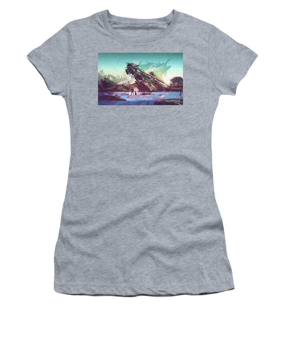 Acrylic Women's T-Shirt featuring the painting Derelict Ship by Tithi Luadthong