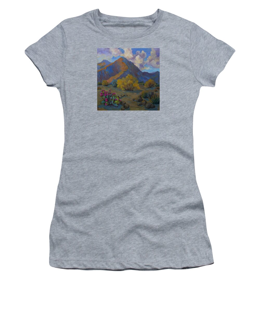 La Quinta Women's T-Shirt featuring the painting Desert Palo Verde and Beavertail Cactus by Diane McClary
