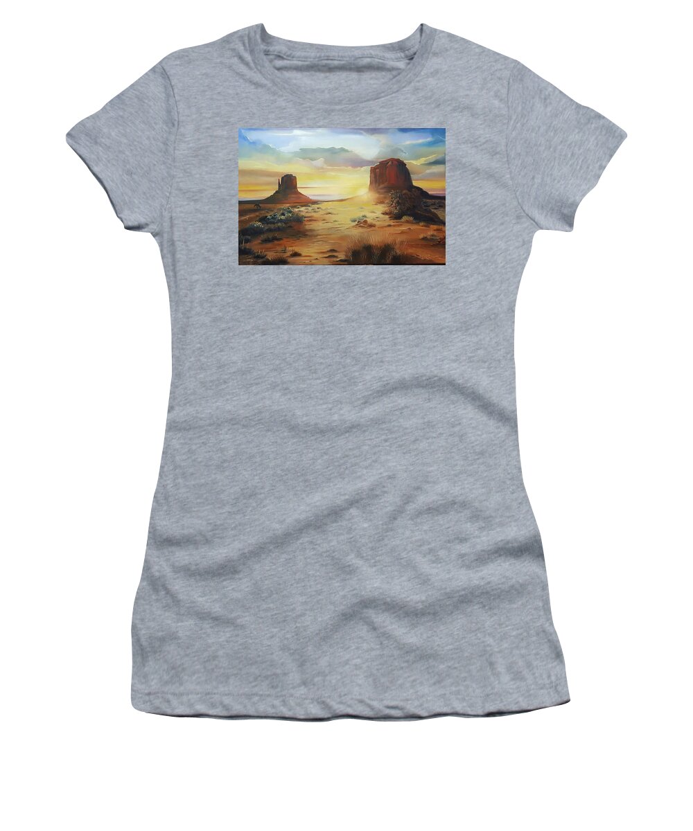 Monument Valley Women's T-Shirt featuring the painting Desert Sunset by Connie Rish