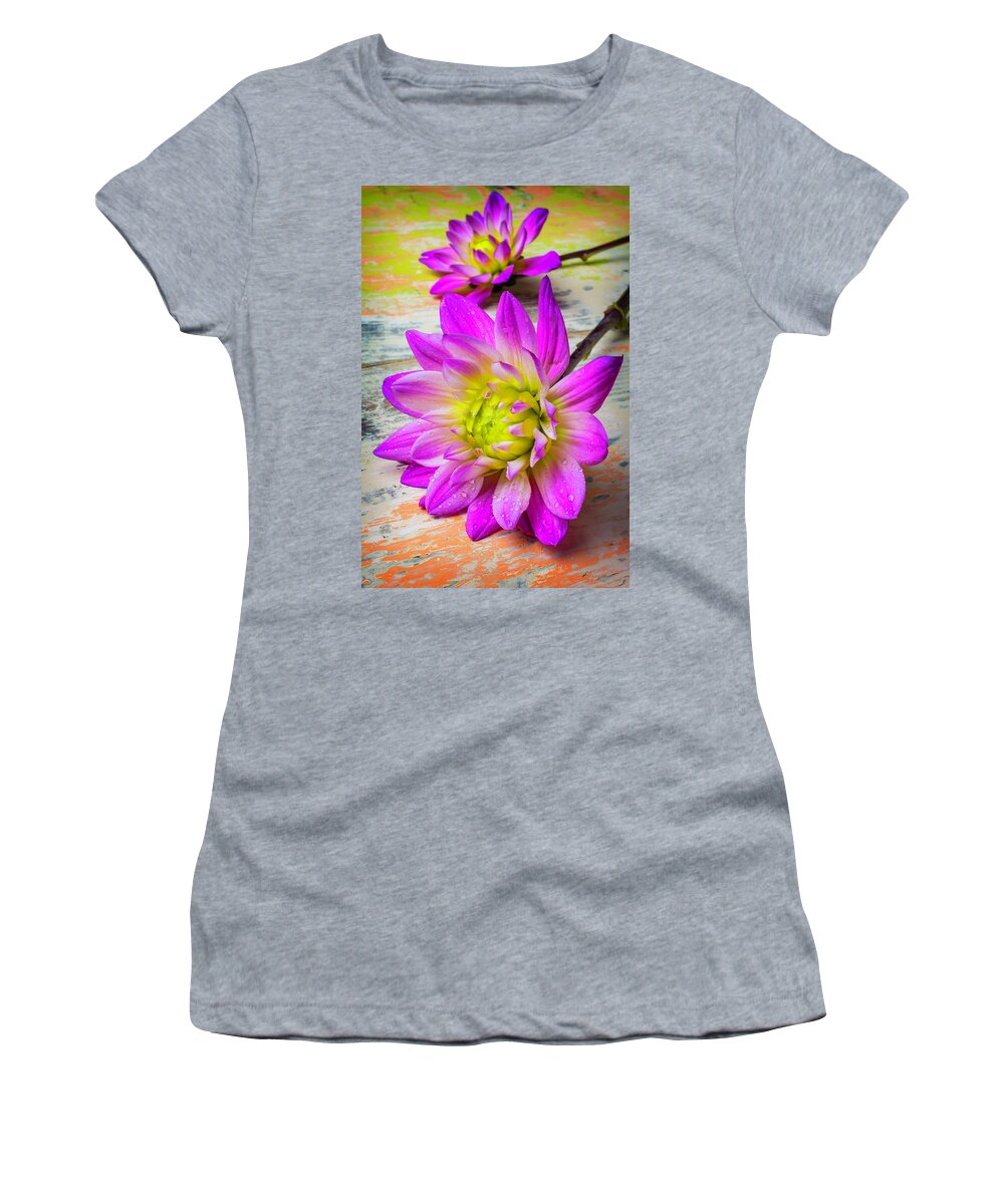 Color Women's T-Shirt featuring the photograph Dewy Dahlia by Garry Gay