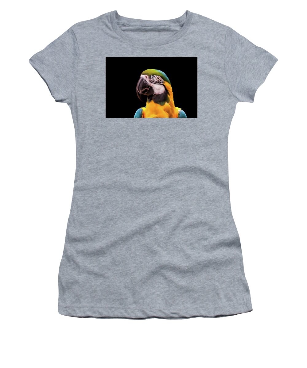 Animal Women's T-Shirt featuring the digital art Digital Painting of a Blue and Yellow Macaw Parrot by Tim Abeln