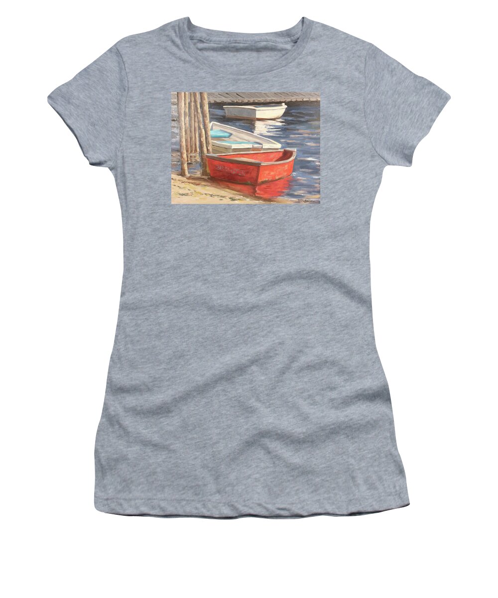  Women's T-Shirt featuring the painting Dinghies Red and White by Barbara Hageman