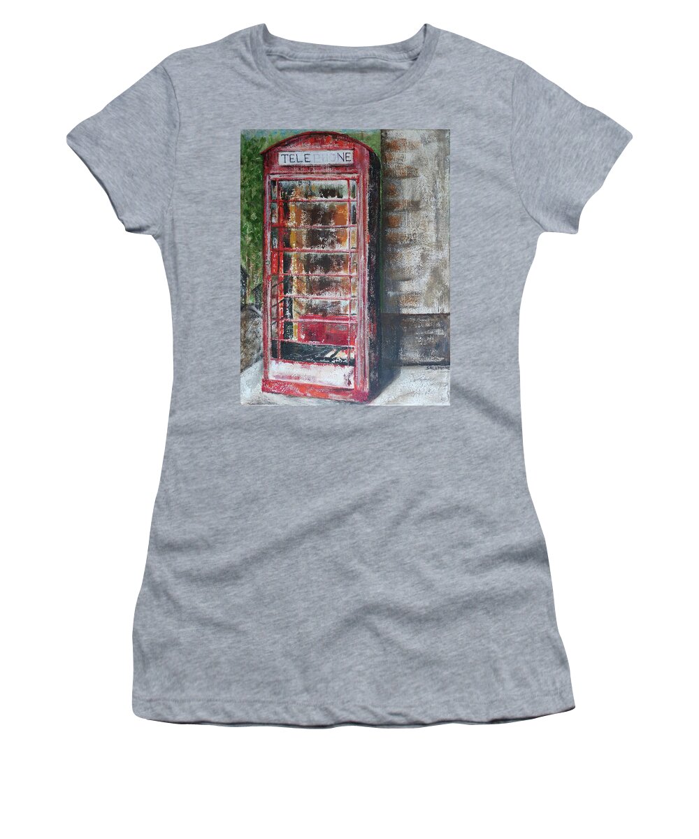 Scotland England Abandoned Red Telephone Booth Vintage Creepy Broken Texture Whisky Women's T-Shirt featuring the painting Disconnected by Brenda Salamone