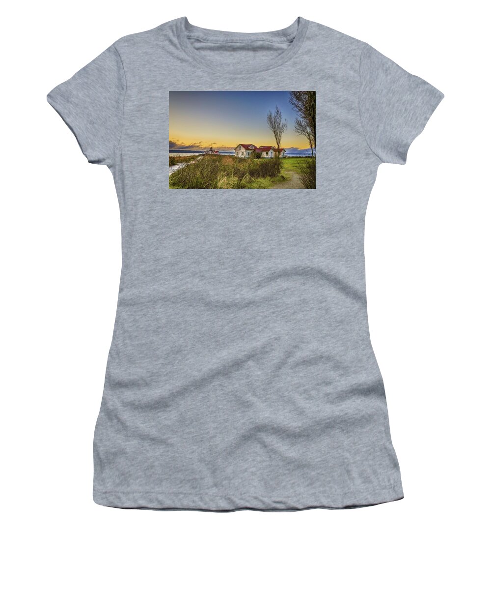 Lighthouse Women's T-Shirt featuring the photograph Discovery Park Lighthouse by Lorraine Baum