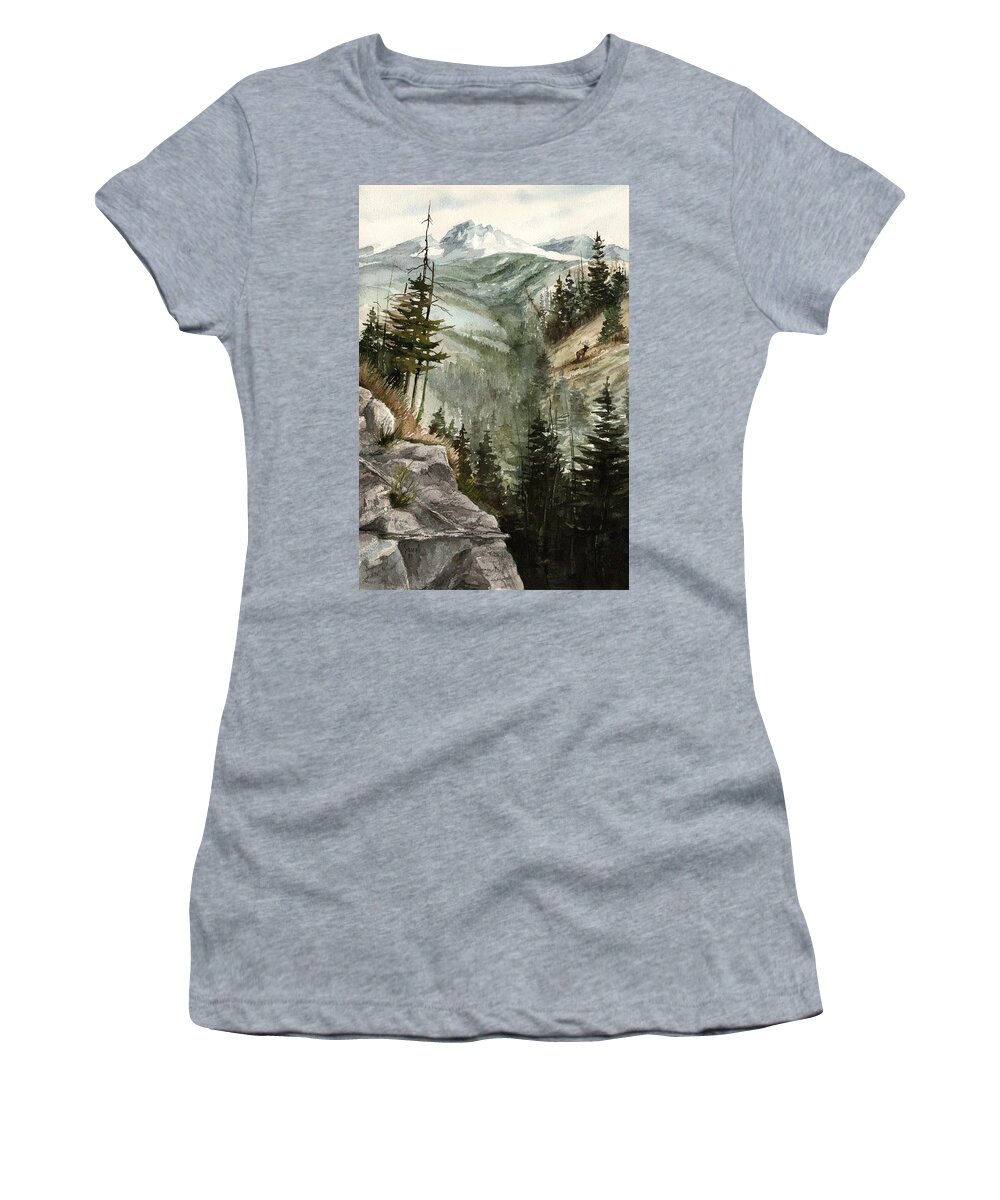 Mountian Elk Landscape Wildlife Trees Women's T-Shirt featuring the painting Distant Dream by Sam Sidders