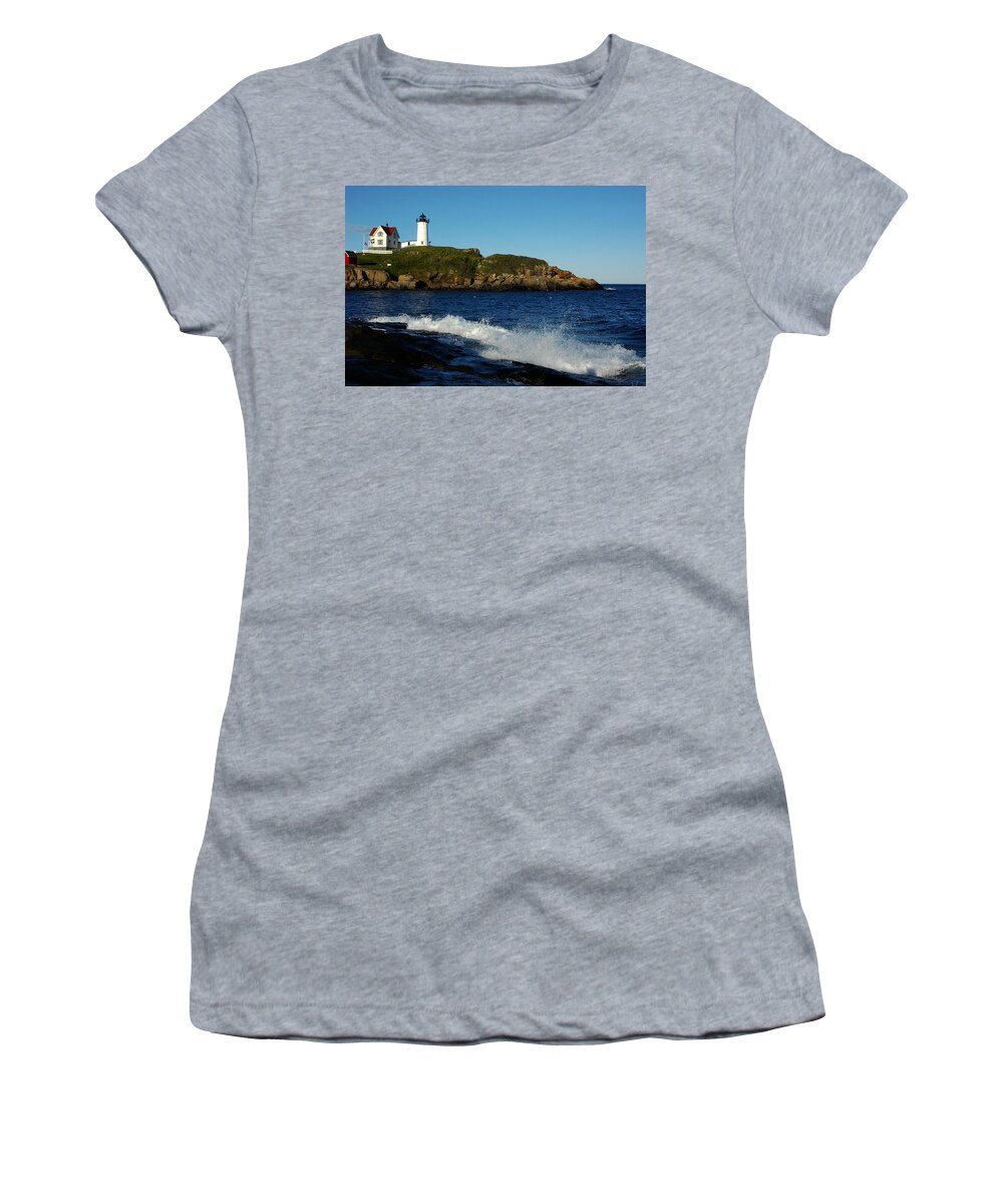 Landscape Lighthouse Nautical New England Cape Neddick Nubble Light Women's T-Shirt featuring the photograph Dnre0608 by Henry Butz