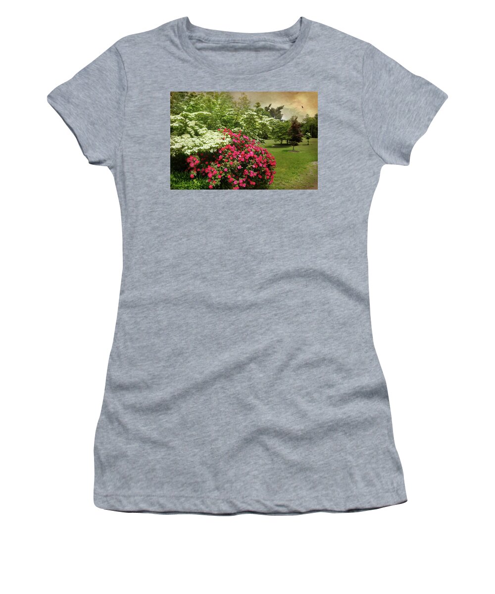 Spring Landscape Women's T-Shirt featuring the photograph Dogwood and Roses by Diana Angstadt