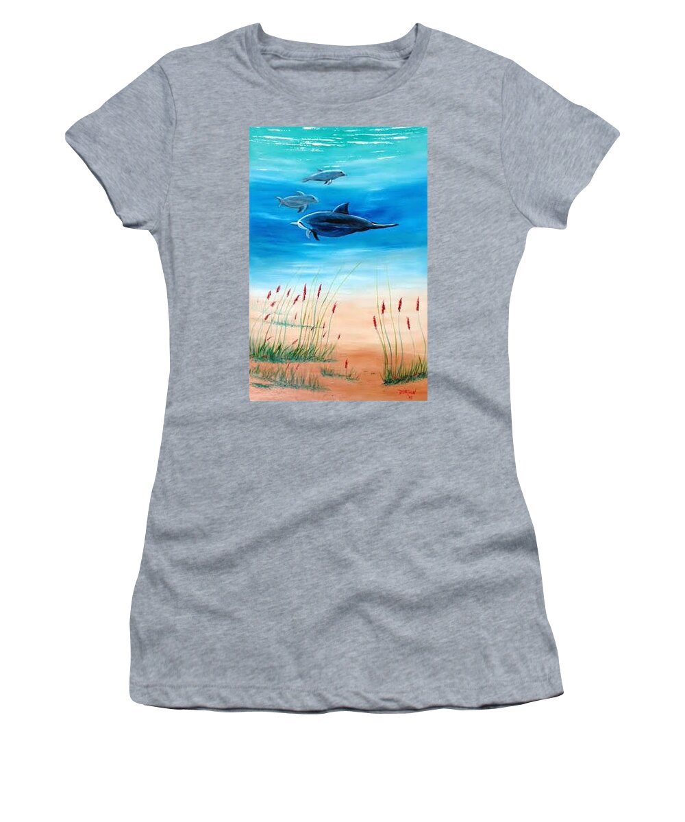 Dolphins Women's T-Shirt featuring the painting Dolphins Underwater by Lloyd Dobson