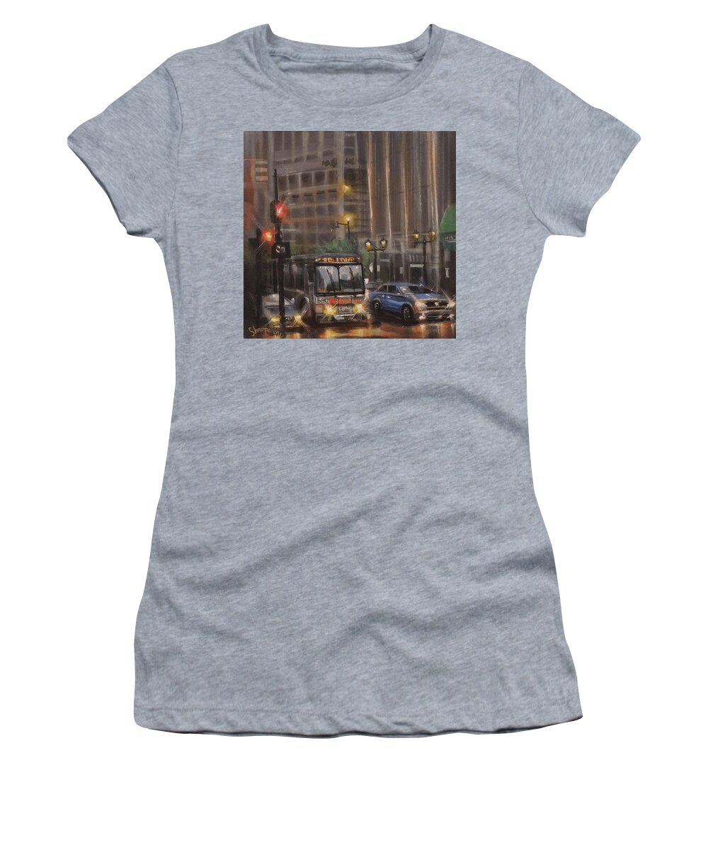 Milwaukee Women's T-Shirt featuring the painting Downtown Bus by Tom Shropshire