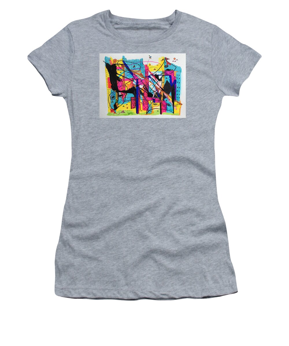 Hagood Women's T-Shirt featuring the painting Downtown --Where All The Lights Are Bright by Lew Hagood