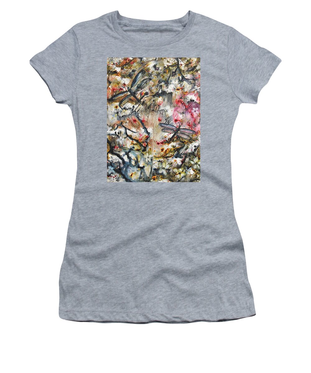 Dragonflies Women's T-Shirt featuring the painting Dragonflies in Springtime by Vallee Johnson