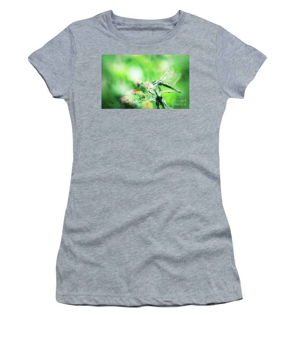 Dragonfly Women's T-Shirt featuring the photograph Dragonfly on Lantana-Green by Toma Caul
