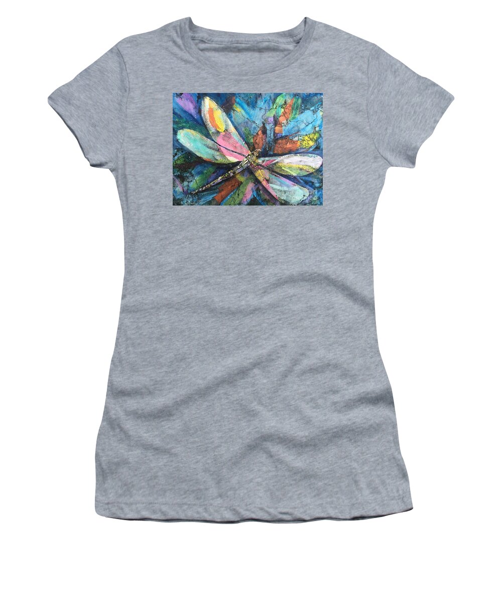 Multicolor Women's T-Shirt featuring the painting Dragonfly Voyager by Midge Pippel