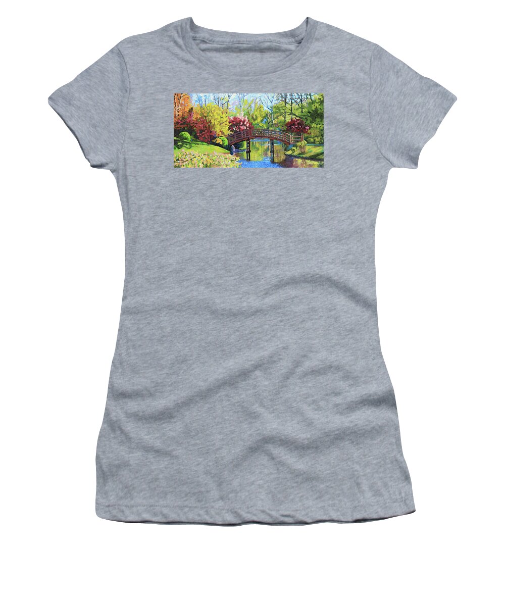 Autumn Women's T-Shirt featuring the painting Drum Bridge in Autumn by John Lautermilch