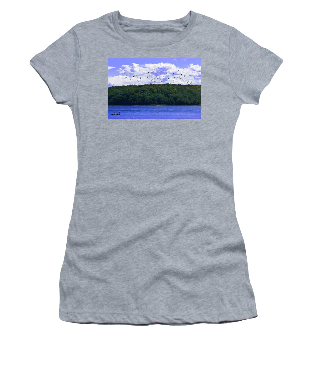 Duck Women's T-Shirt featuring the photograph Duck Flying Over The Lake by Miroslava Jurcik