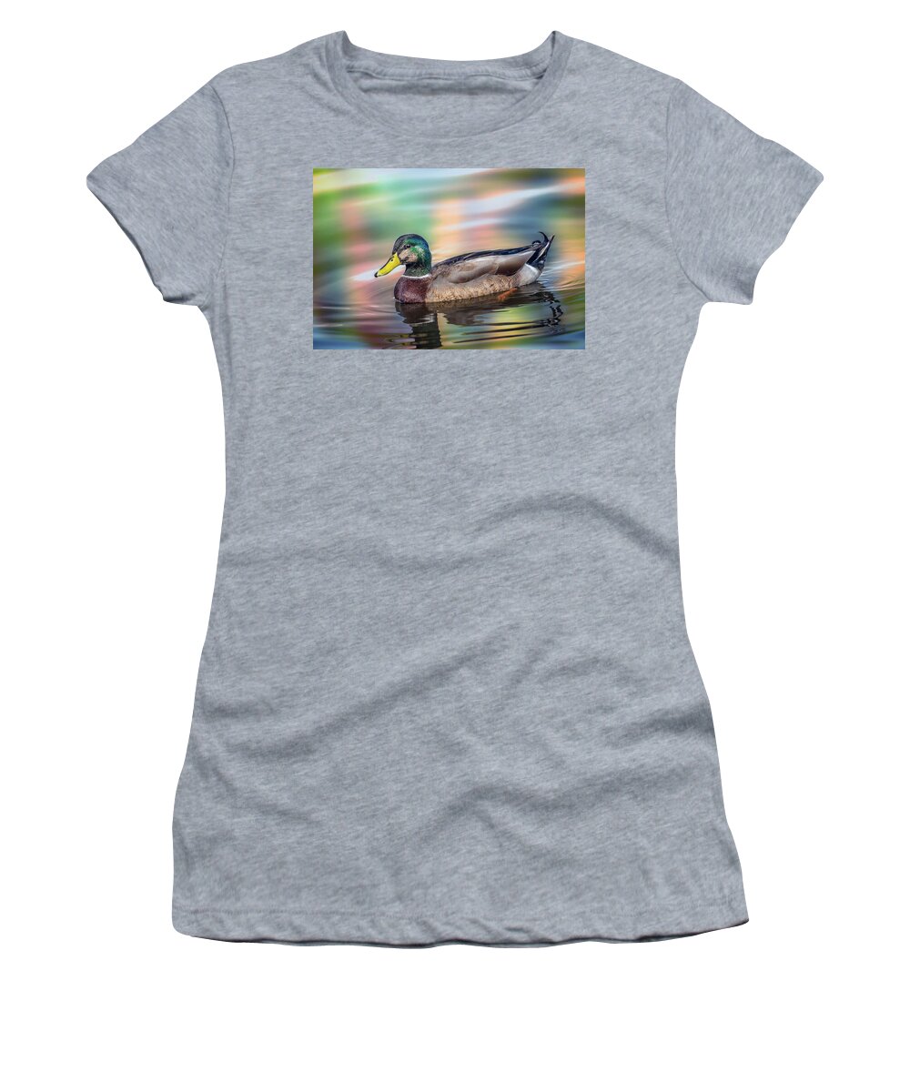 Duck Women's T-Shirt featuring the photograph Duck in water with Autumn colors by Patrick Wolf