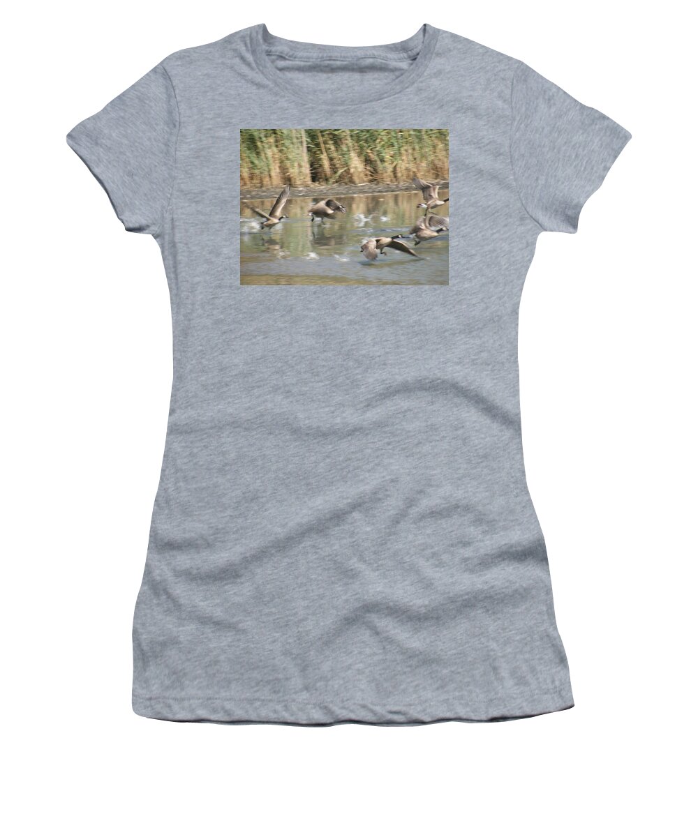Nature Women's T-Shirt featuring the photograph Ducks in Flight Over Water by Nicholas Small