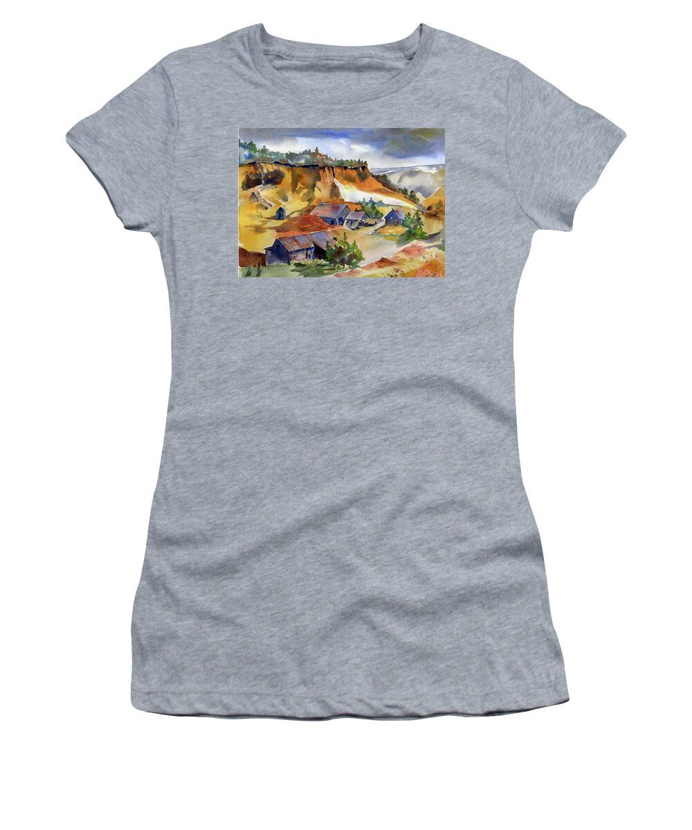 Dutch Flat Women's T-Shirt featuring the painting Dutch Flat Diggin's Gold by Joan Chlarson