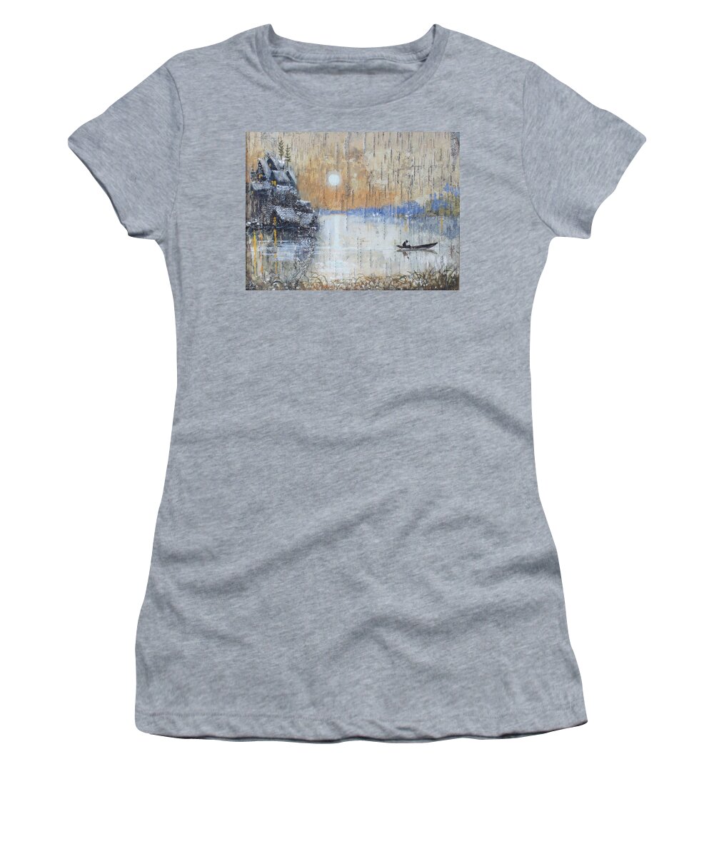 Russia Women's T-Shirt featuring the painting Early Morning. Fishing on Lake by Ilya Kondrashov