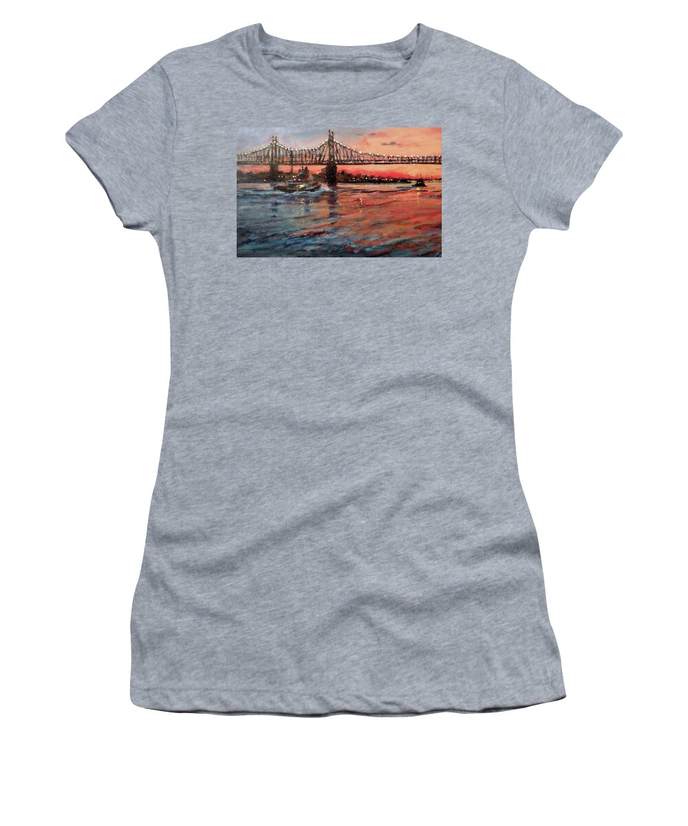 Urban Landscape Women's T-Shirt featuring the painting East River Tugboats by Peter Salwen