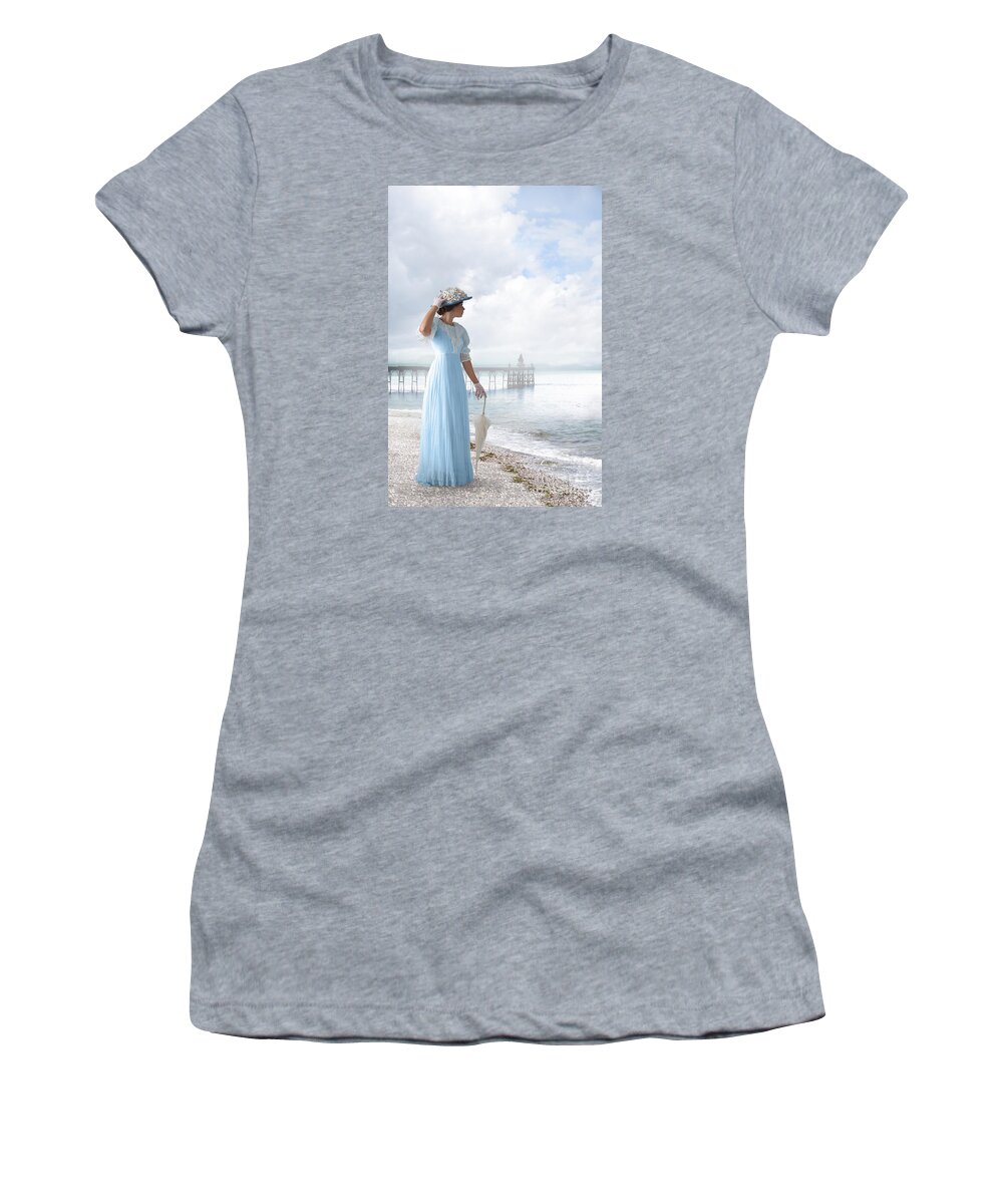 Edwardian Women's T-Shirt featuring the photograph Edwardian Woman On A Beach With A Victorian Pier by Lee Avison