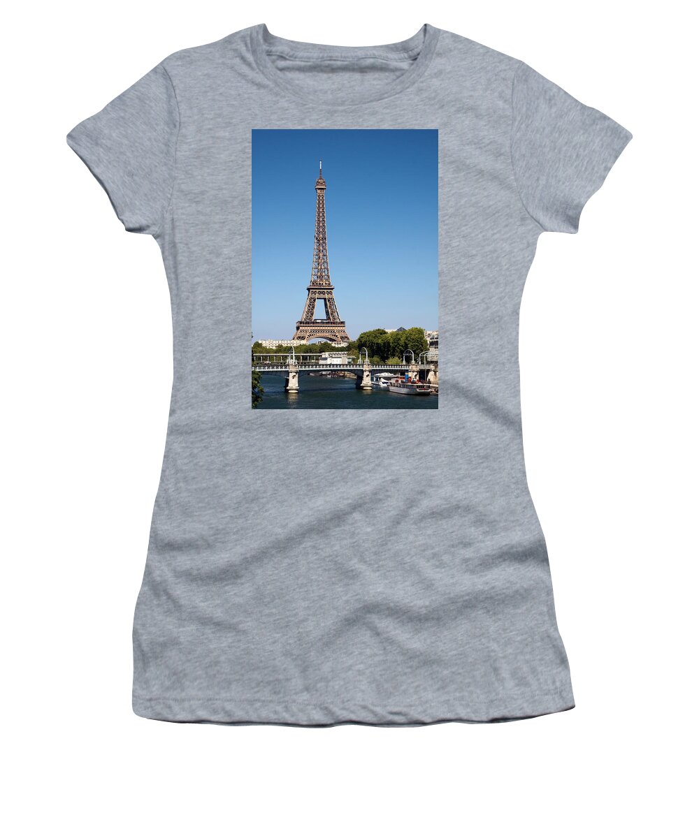 Eiffel Tower; 1889 Women's T-Shirt featuring the photograph Eiffel Tower and River Seine by Sally Weigand