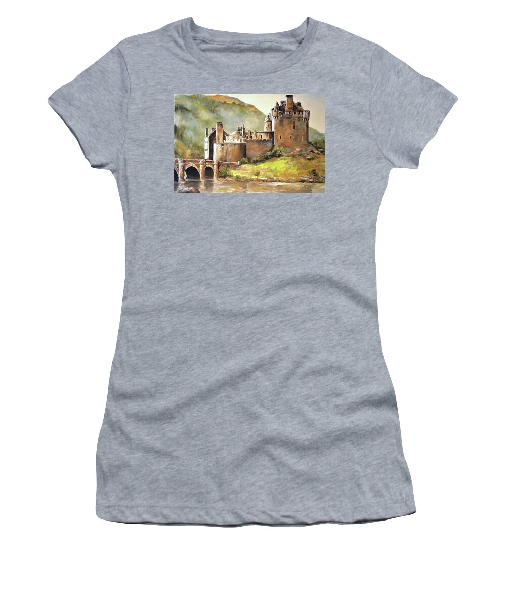 Isle Of Skye Women's T-Shirt featuring the painting Eilean Donan Castle by Alan Lakin