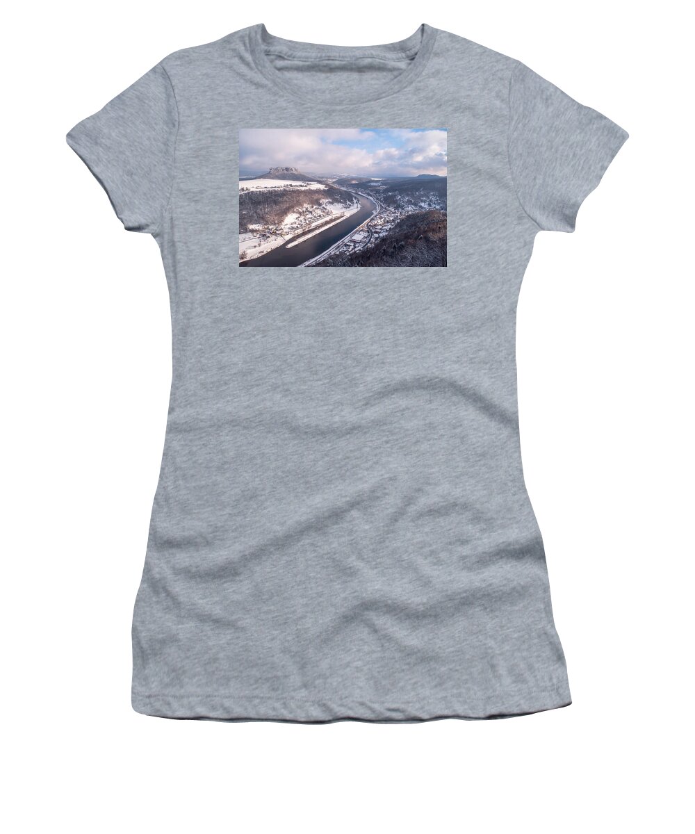 Saxony Women's T-Shirt featuring the photograph Elbe Valley with Mountain Pfaffenstein by Jenny Rainbow