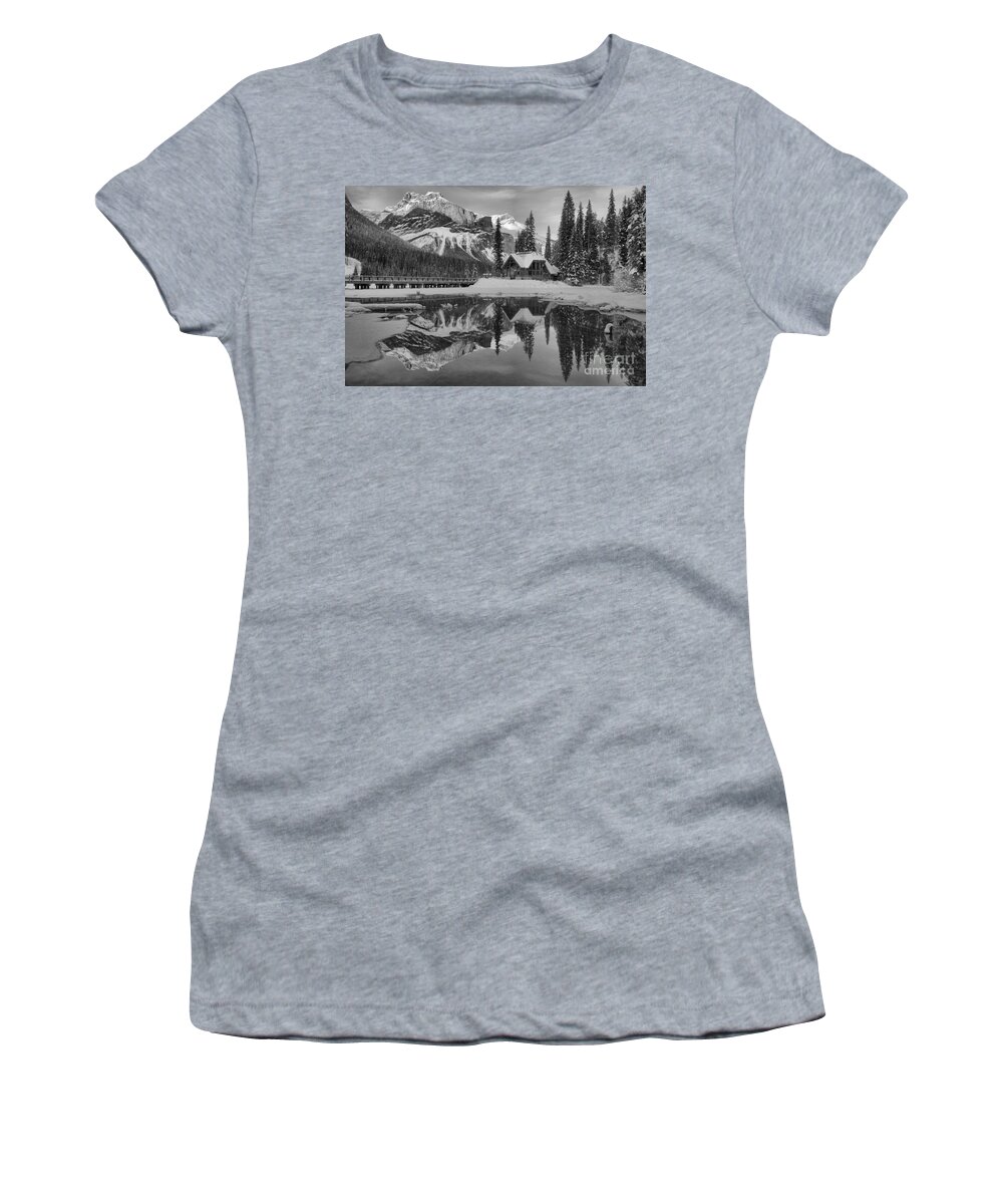 Emerald Lake Women's T-Shirt featuring the photograph Emerald Lake Winter Sunset Reflections Black And White by Adam Jewell