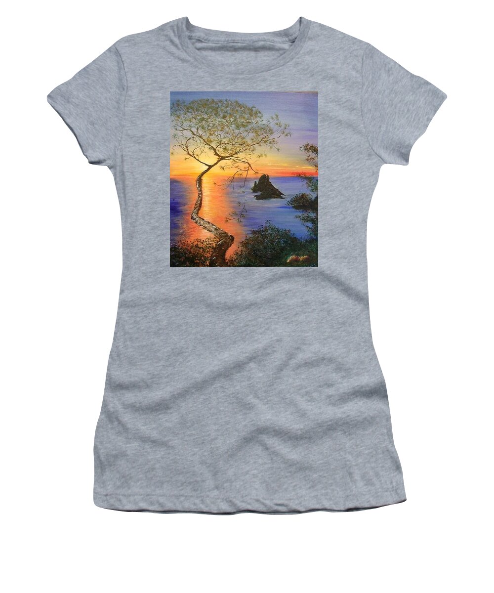 Sunset Women's T-Shirt featuring the painting Es Vedra Island Off Ibiza South Coast by Lizzy Forrester