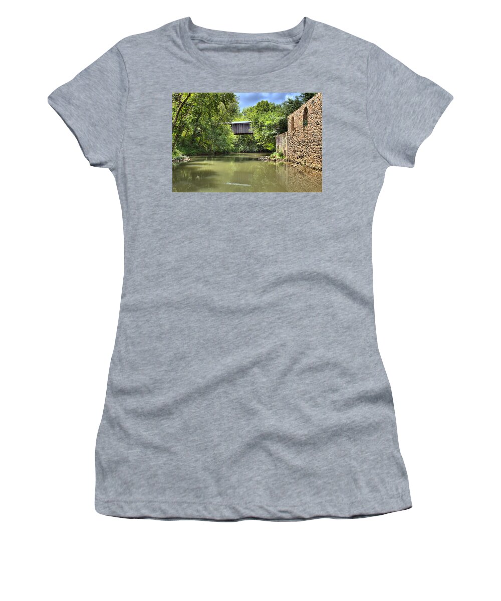 12001 Women's T-Shirt featuring the photograph Euharlee Creek Bridge And Mill by Gordon Elwell