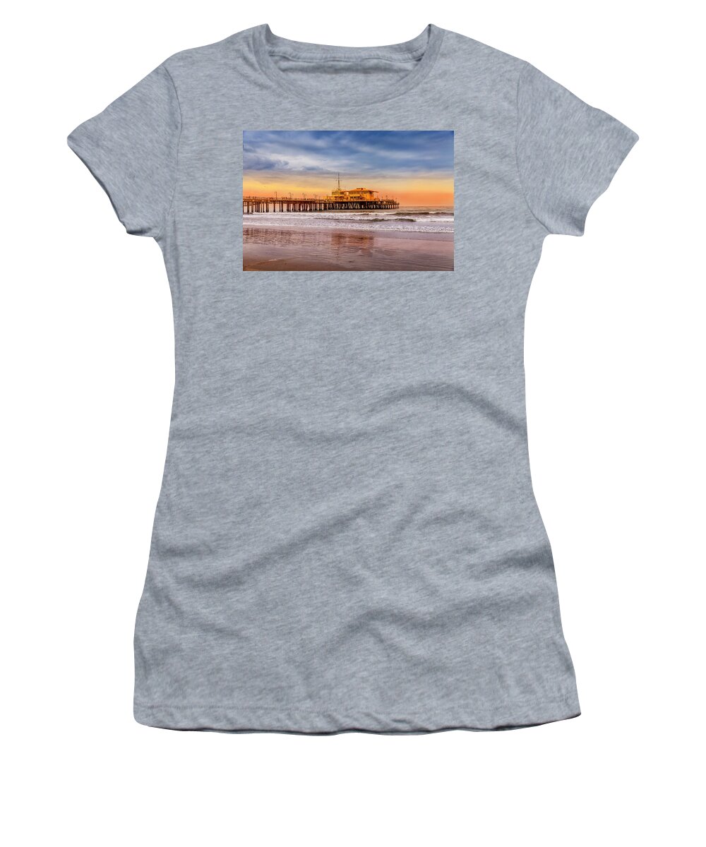 Santa Monica Pier Women's T-Shirt featuring the photograph Evening Glow At The Pier by Gene Parks
