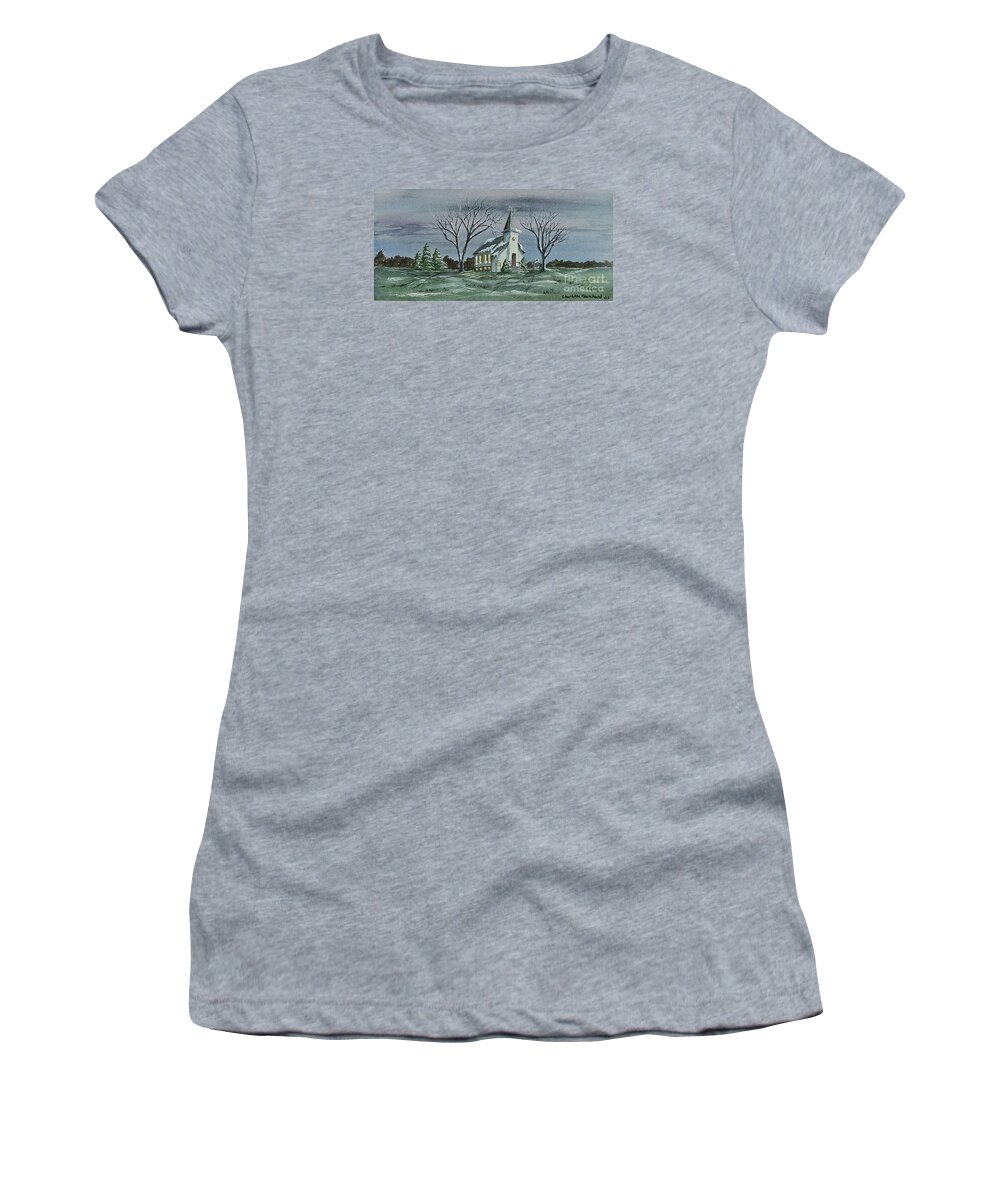 Country Church Painting Women's T-Shirt featuring the painting Evening Worship In Winter by Charlotte Blanchard