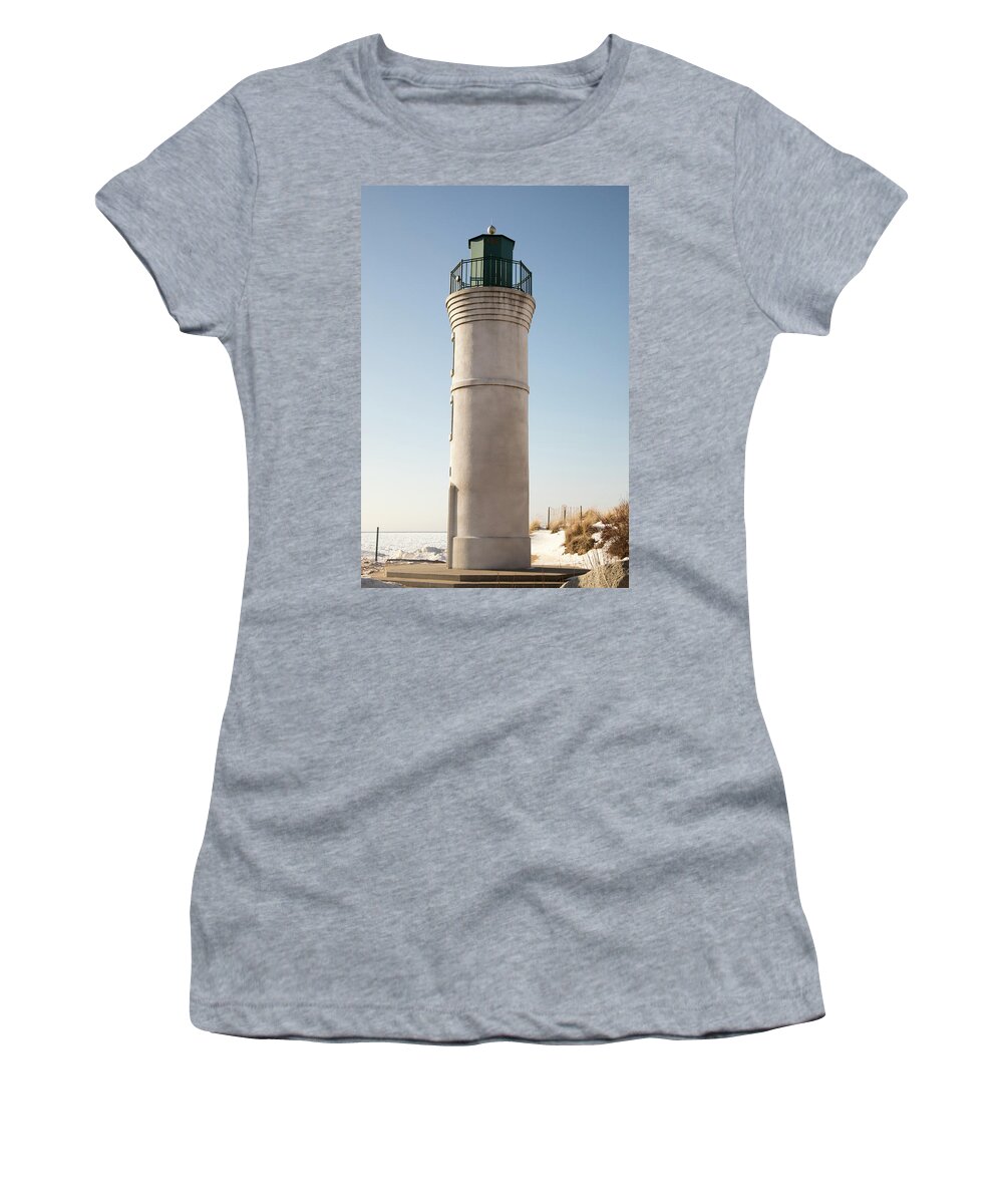 America Women's T-Shirt featuring the photograph Exterior of Robert H Manning Lighthouse, Empire, Michigan in win by Karen Foley