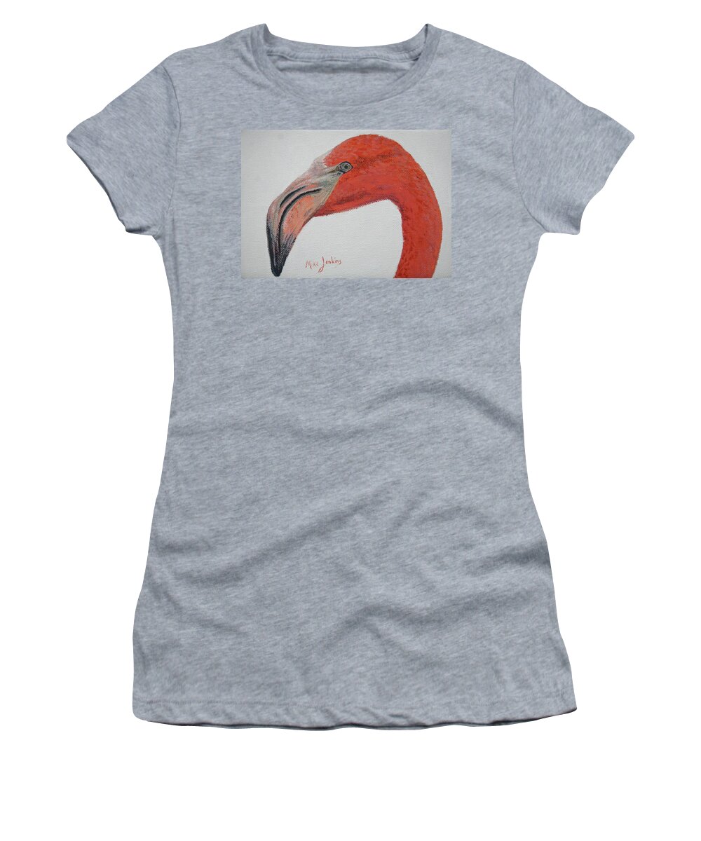 Flamingo Women's T-Shirt featuring the painting Face to Face with Flamingo by Mike Jenkins