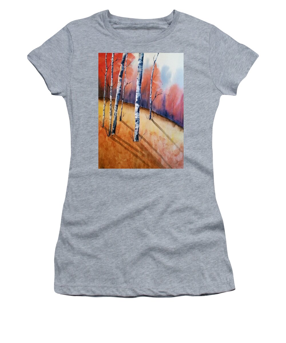Watercolor Women's T-Shirt featuring the painting Fall In The Birches by Brenda O'Quin