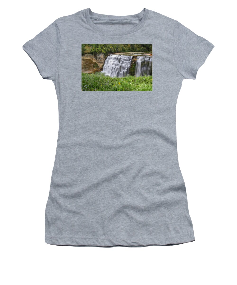 Waterfall Women's T-Shirt featuring the photograph Autumn Flower of Letchworth Middle Falls by Karen Jorstad